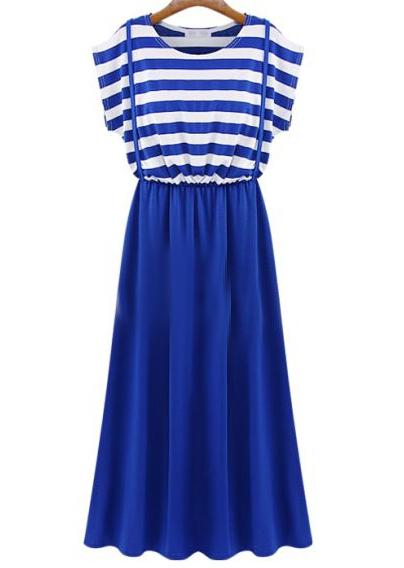 Romwe Short Sleeve Striped Pleated Blue Dress