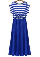 Romwe Short Sleeve Striped Pleated Blue Dress