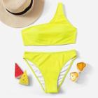 Romwe Neon Yellow One Shoulder Top With High Leg Bikini Set