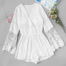 Romwe Lace Panel Sleeve Solid Romper