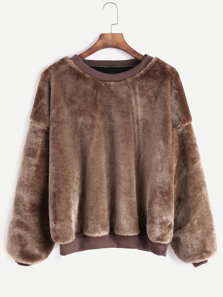 Romwe Khaki Dropped Shoulder Seam Fuzzy Sweatshirt