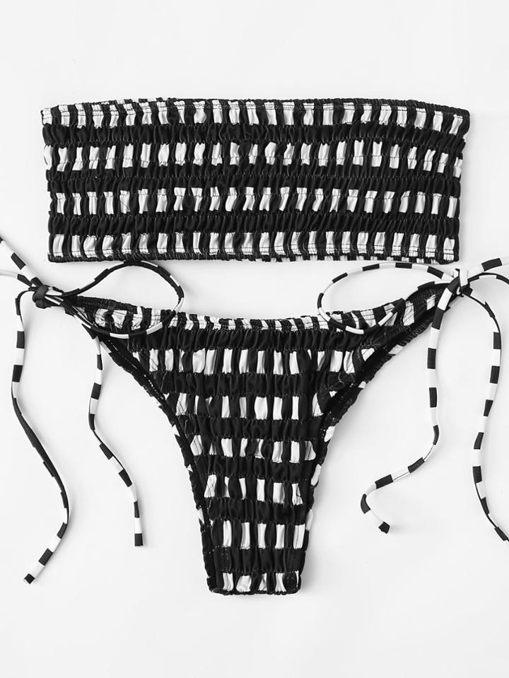 Romwe Ruched Striped Bikini Set