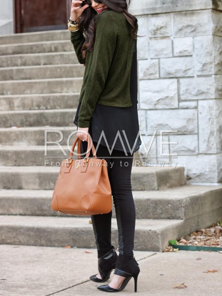 Romwe Green Black Long Sleeve Color Block Blouse