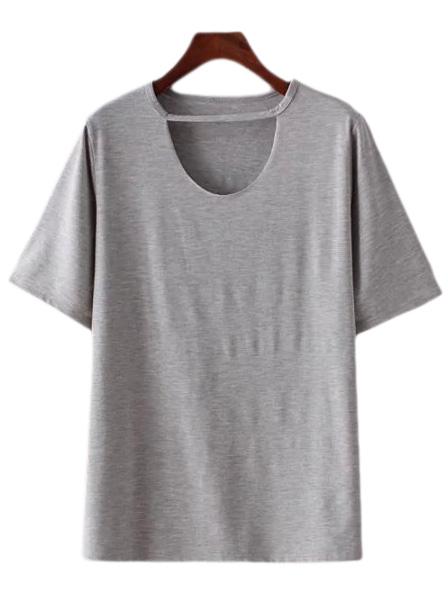 Romwe Light Grey Round Neck Cut Out Casual T-shirt