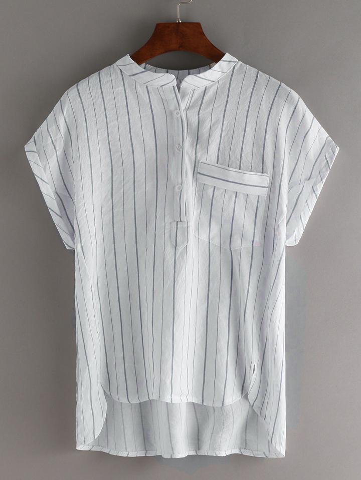 Romwe Band Collar High-low Blue Vertical Striped Blouse