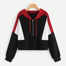Romwe Cut And Sew Zip Detail Drawstring Hoodie