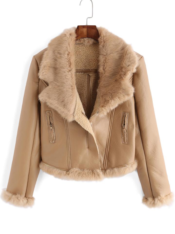 Romwe Women Lapel Zipper Pu Coat