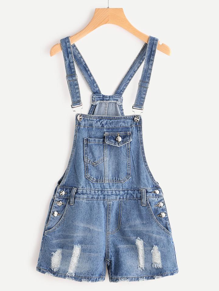 Romwe Ripped Bleach Wash Denim Overall Shorts