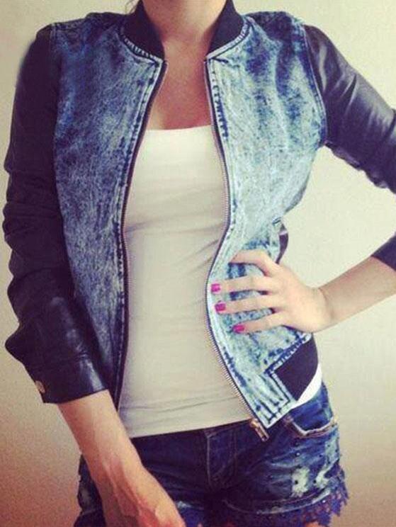 Romwe Pu Long Sleeve Denim Coats