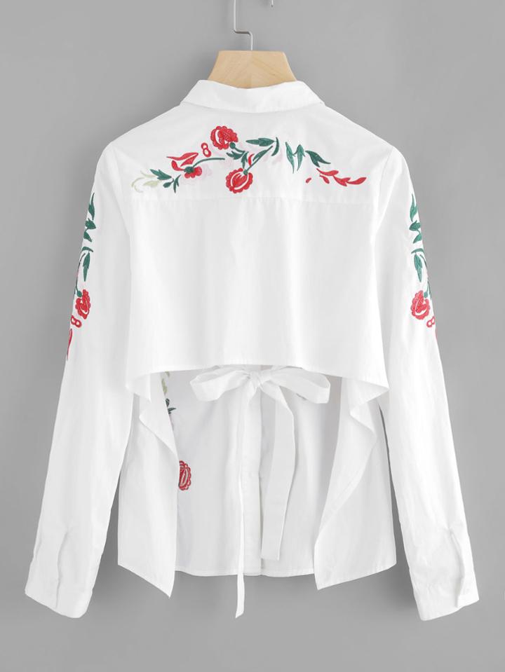 Romwe Flower Embroidered Hidden Placket Open Back Blouse