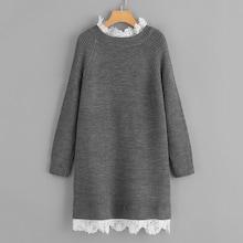 Romwe Floral Lace Insert Eyelet Sweater Dress