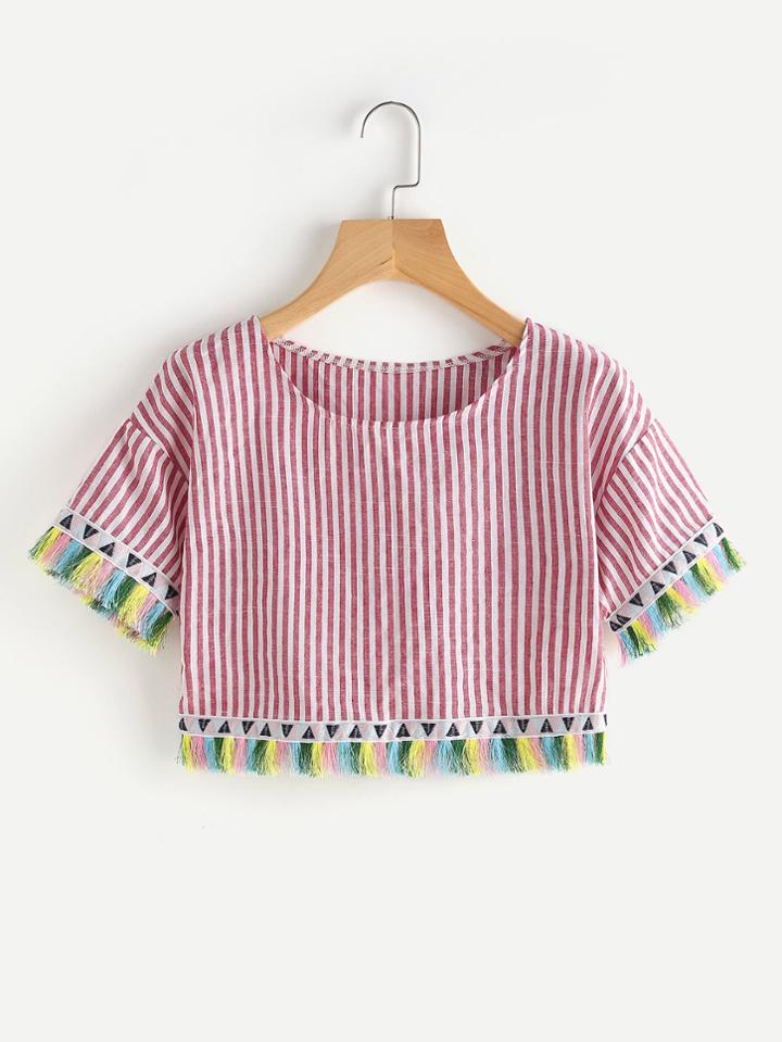 Romwe Vertical Striped Embroidered Tape Fringe Hem Top