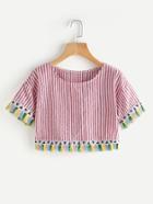 Romwe Vertical Striped Embroidered Tape Fringe Hem Top