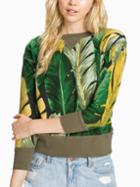 Romwe All Over Leaf Print Rib Embellishment Sweatshirt