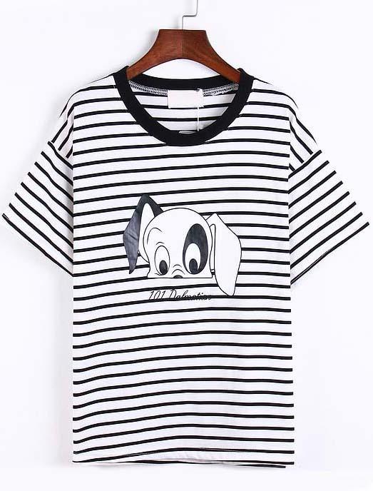 Romwe Striped Dog Print White T-shirt
