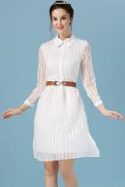 Romwe Lapel With Belt Vertical Striped Shirt Dress