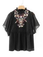 Romwe Frill Neck Floral Embroidered Top