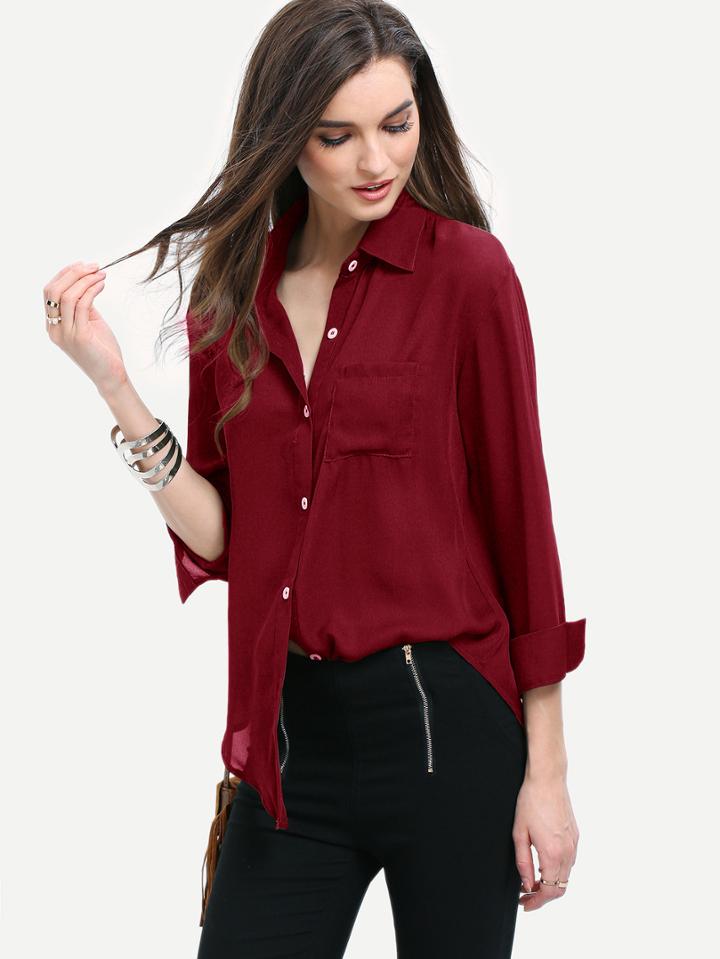 Romwe Burgundy Curved Hem Pocket Shirt
