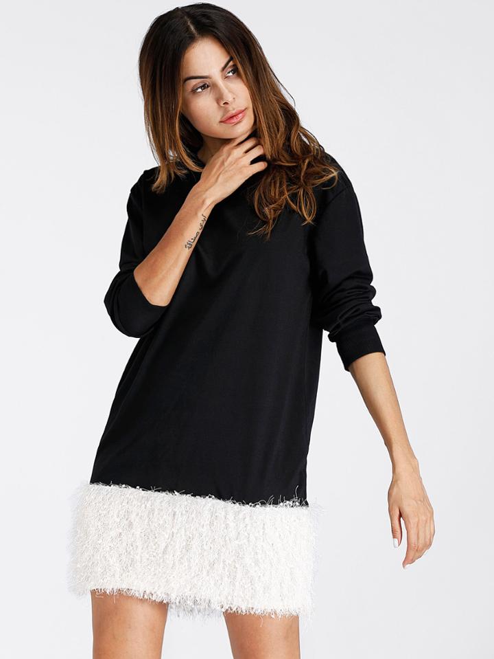 Romwe Contrast Faux Fur Hem Dress