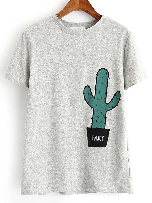 Romwe Grey Round Neck Cactus Printed T-shirt