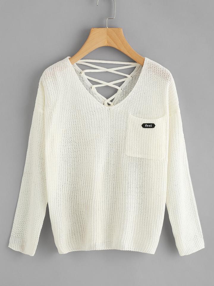Romwe Lace Up Back Sweater With Chest Pocket