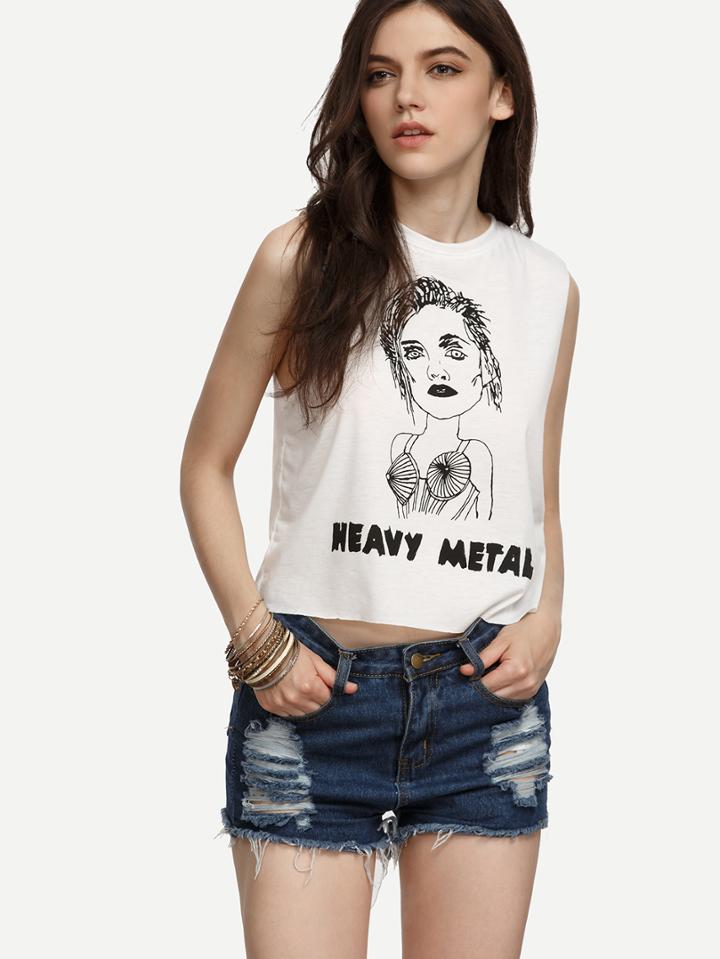 Romwe White Portrait Print Crop Tank Top