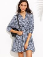 Romwe Navy Checkerboard Tie Front Shirt Dress