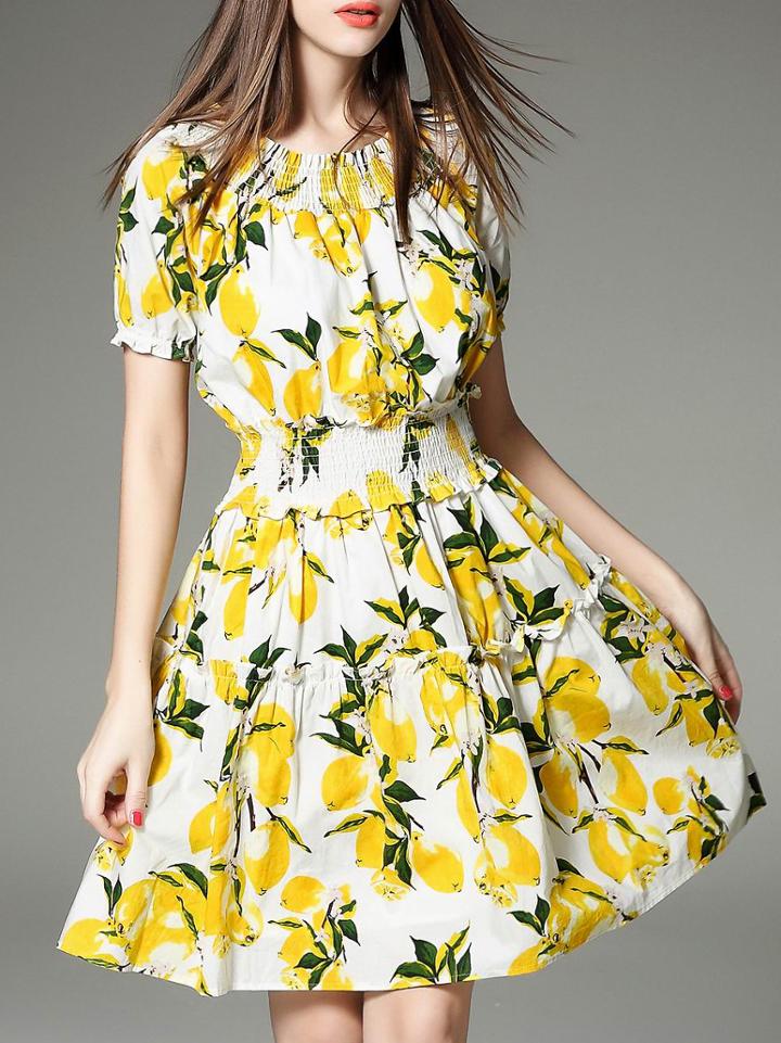 Romwe White Elastic-waist Lemon A-line Dress