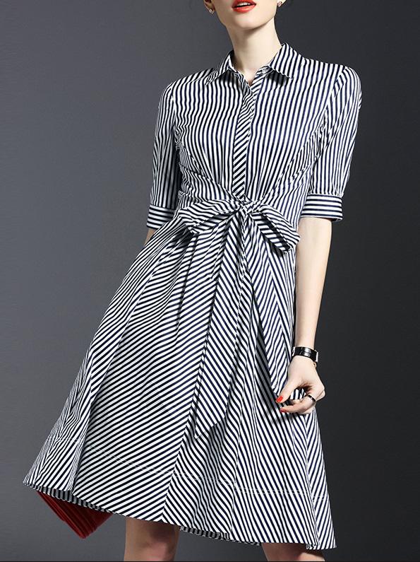 Romwe White Lapel Tie-waist Striped Dress