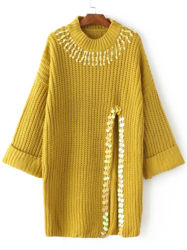 Romwe Yellow Sequin Detail Slit Sweater Dress