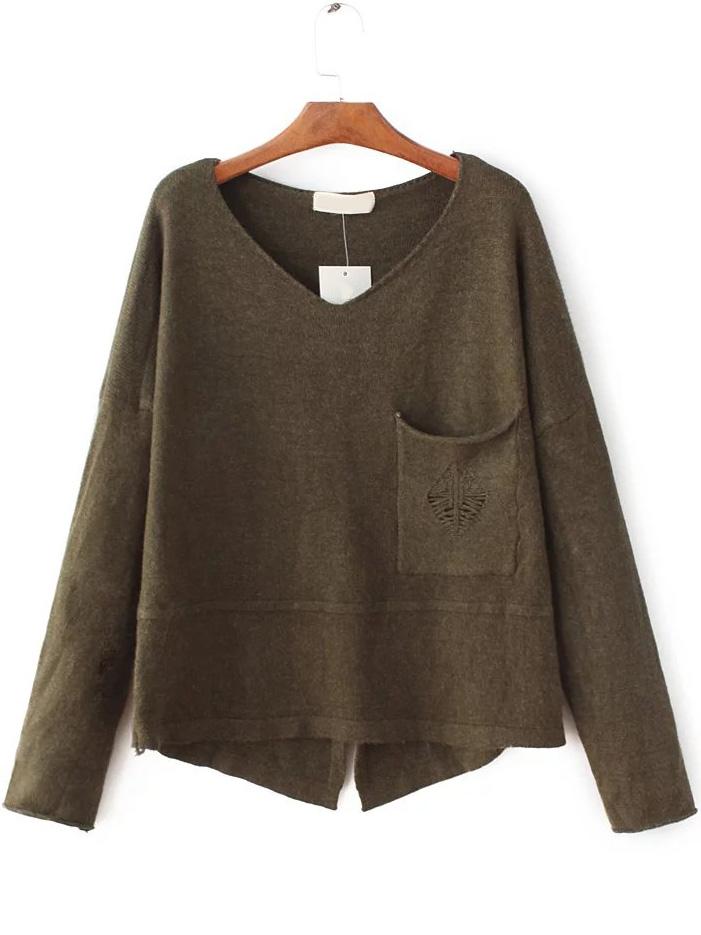 Romwe V Neck Drop Shoulder Slit Sweater With Pocket