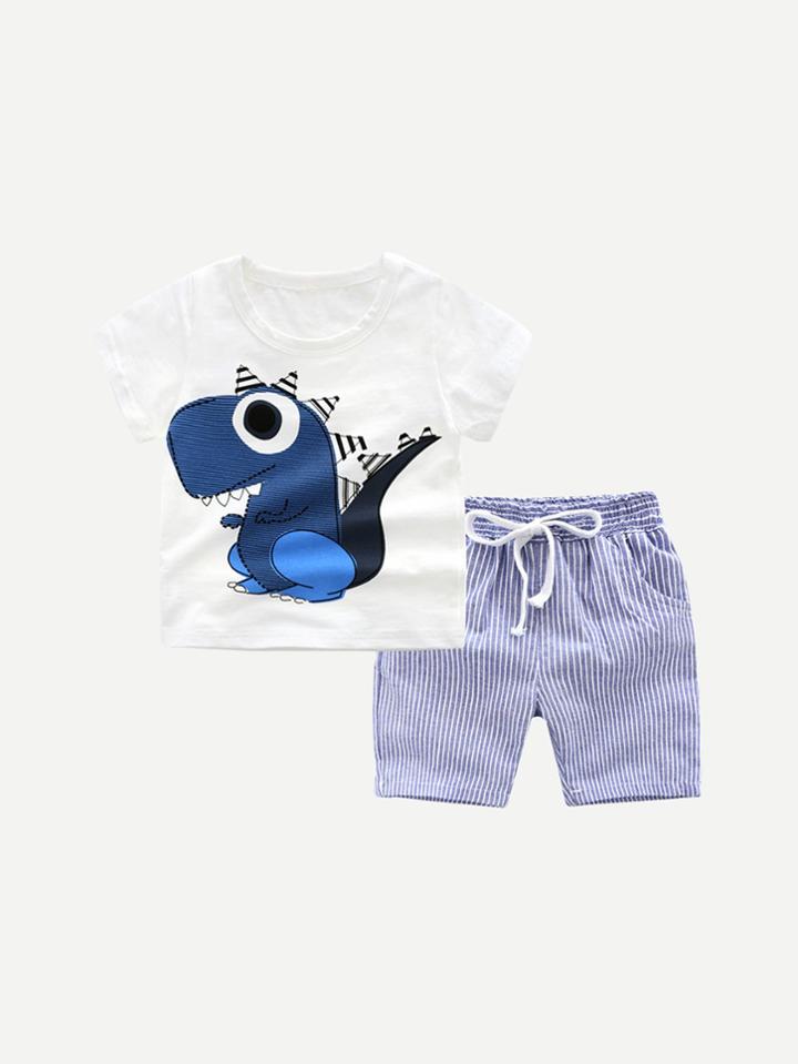 Romwe Dinosaur Print Tee With Striped Drawstring Shorts