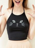 Romwe Black Halter Cat Print Cami Top