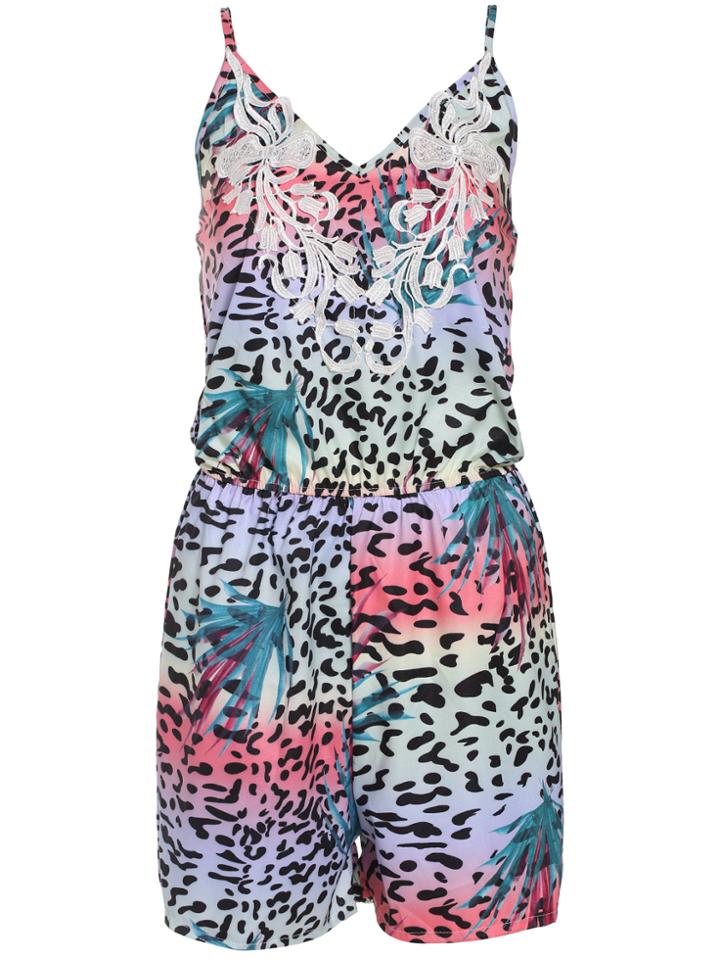Romwe Spaghetti Strap Contrast Lace Florals Jumpsuit