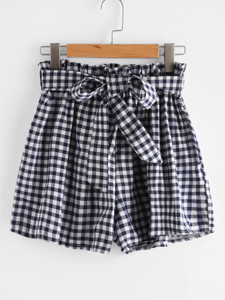 Romwe Self Tie Waist Checked Shorts