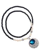 Romwe Blue White Diamond Oval Pendant Beads Necklace