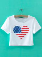 Romwe White Short Sleeve Heart Flag Print Crop T-shirt