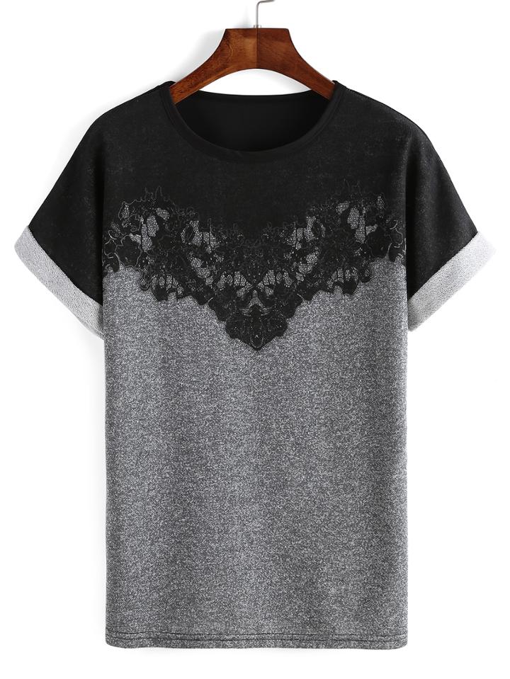 Romwe Contrast Lace Cuffed T-shirt