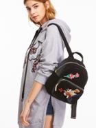 Romwe Black Bird Embroidered Pocket Front Velvet Backpack