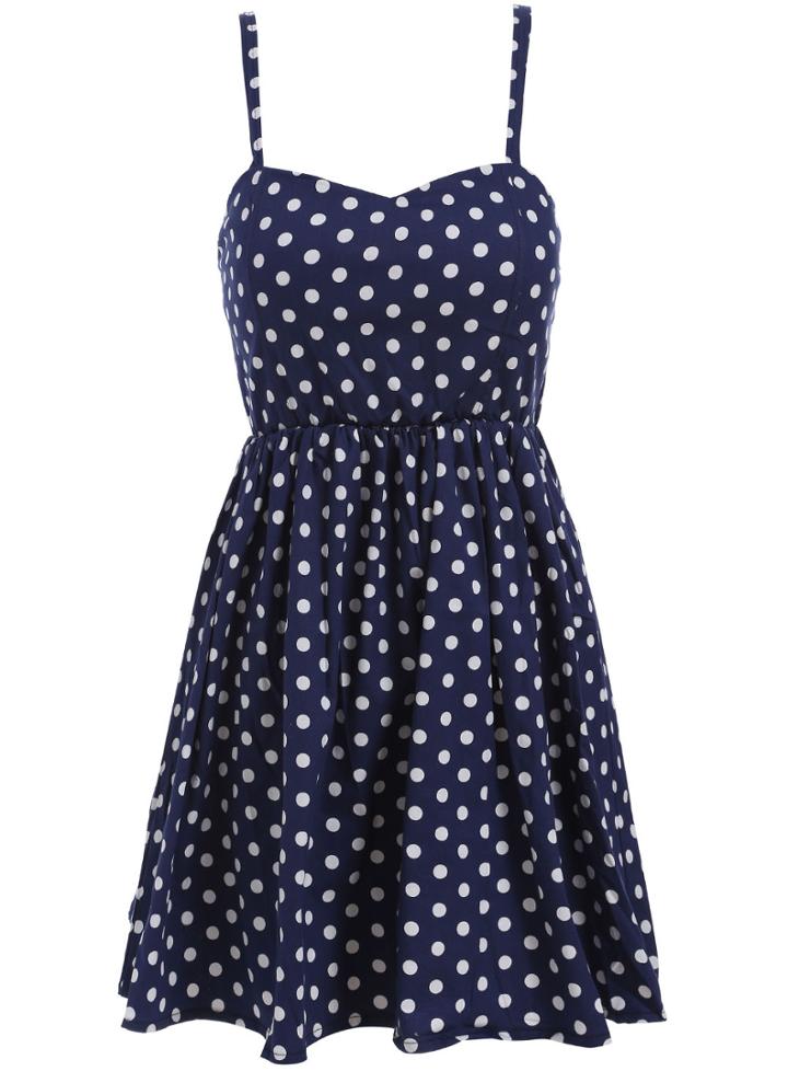 Romwe Spaghetti Strap Polka Dot Pleated Dress