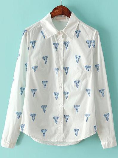 Romwe Lapel With Button Blue Elephant Print Blouse