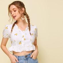 Romwe Floral Print Ruffle Hem Peplum Blouse