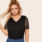 Romwe Plus Floral Lace Sleeve V Neck Tee