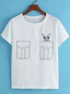 Romwe Pockets Print Cat Embroidered T-shirt