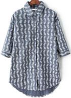 Romwe Lapel Dip Hem Olive Branch Print Blue Blouse