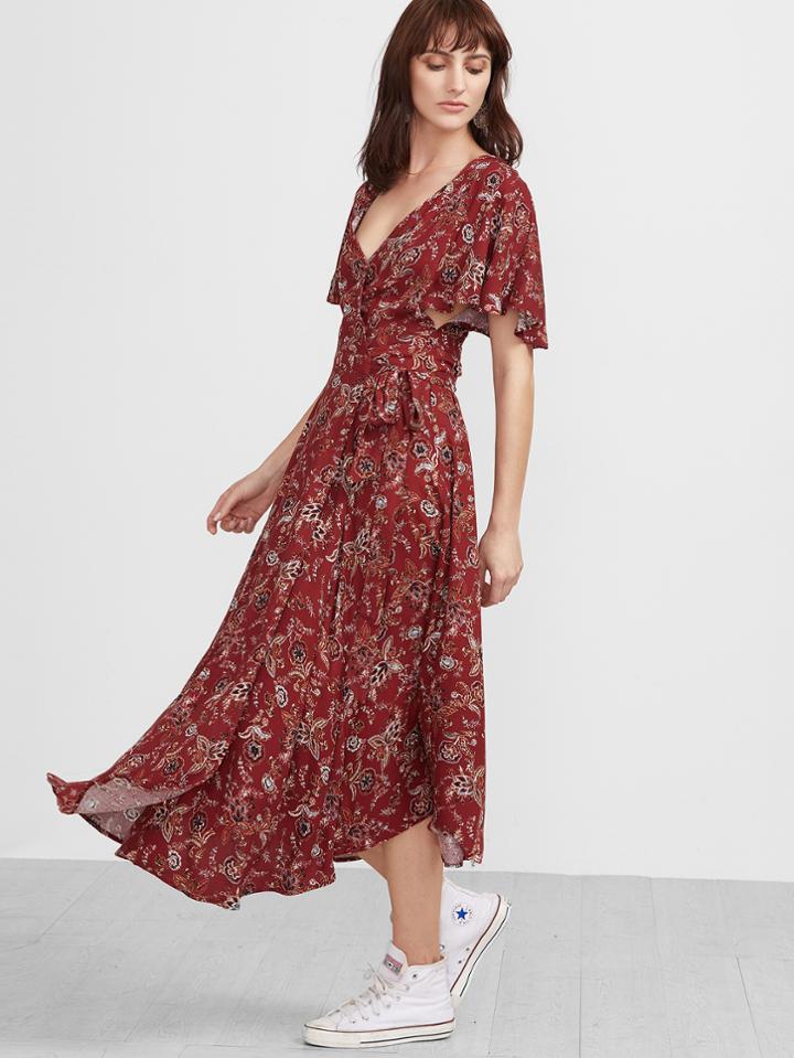 Romwe Red Florals V Neck Vintage Maxi Dress