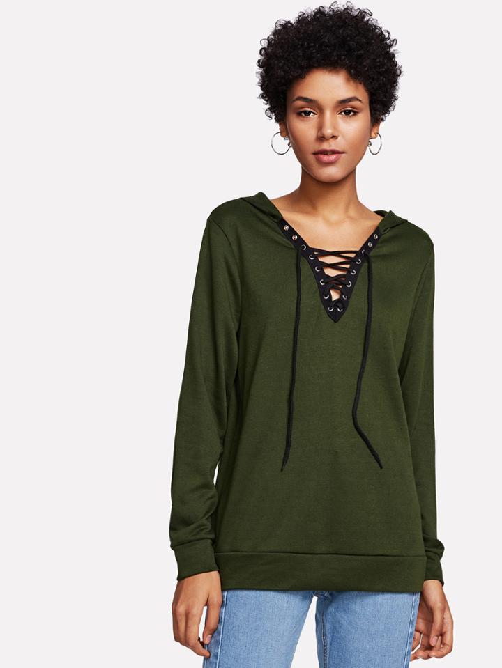 Romwe Eyelet Lace Up Hoodie