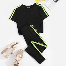 Romwe Neon Lime Tape Detail Tee & Pants Set