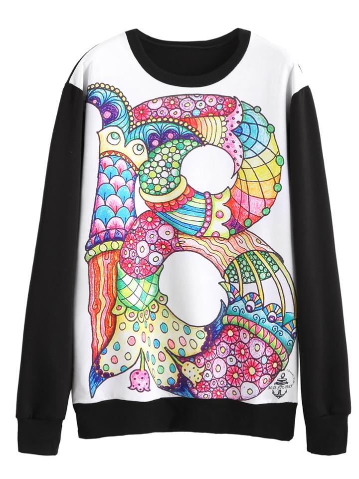 Romwe Contrast Sleeve Printed Round Neck Sweatshirt