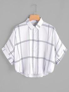 Romwe Plus Roll Up Sleeve Plaid Blouse